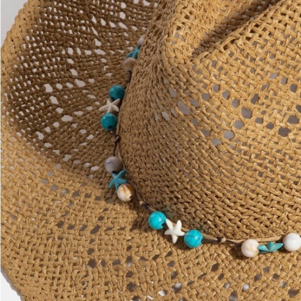 Fame Turquoise and Shell Star Beads Strap Western Straw Hat - Picture 2 of 6
